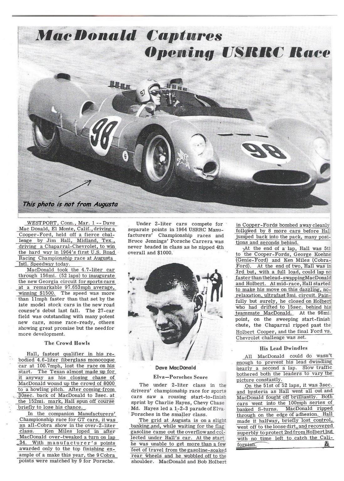 Dave MacDonald in Shelby King Cobra CM 1 63 wins  at Augusta